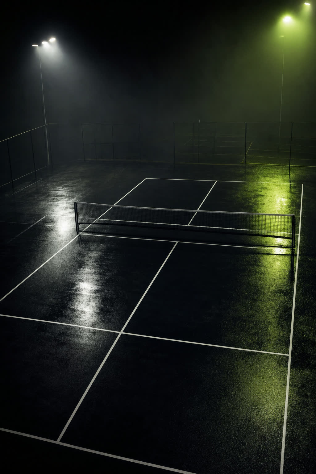 An empty floodlit court at night with white lines cutting through the dark