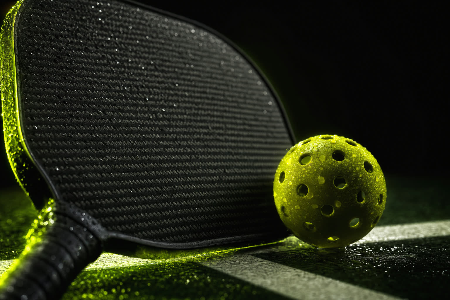 A paddle and ball on a wet court line lit from the side
