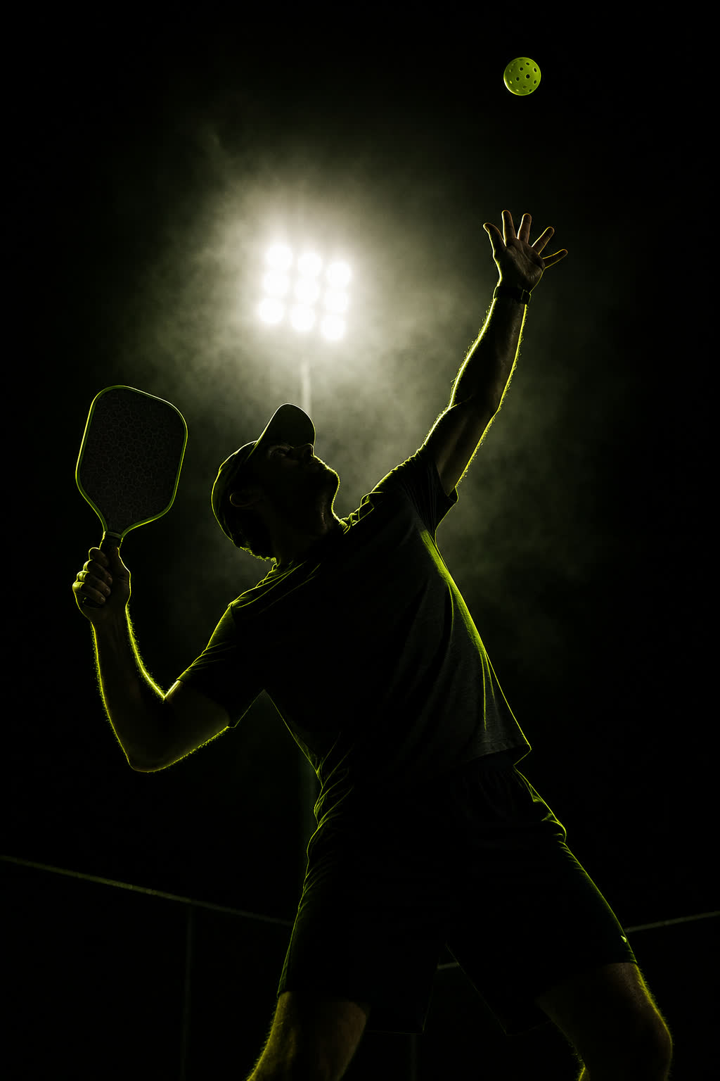Silhouette of a player serving under a stadium floodlight