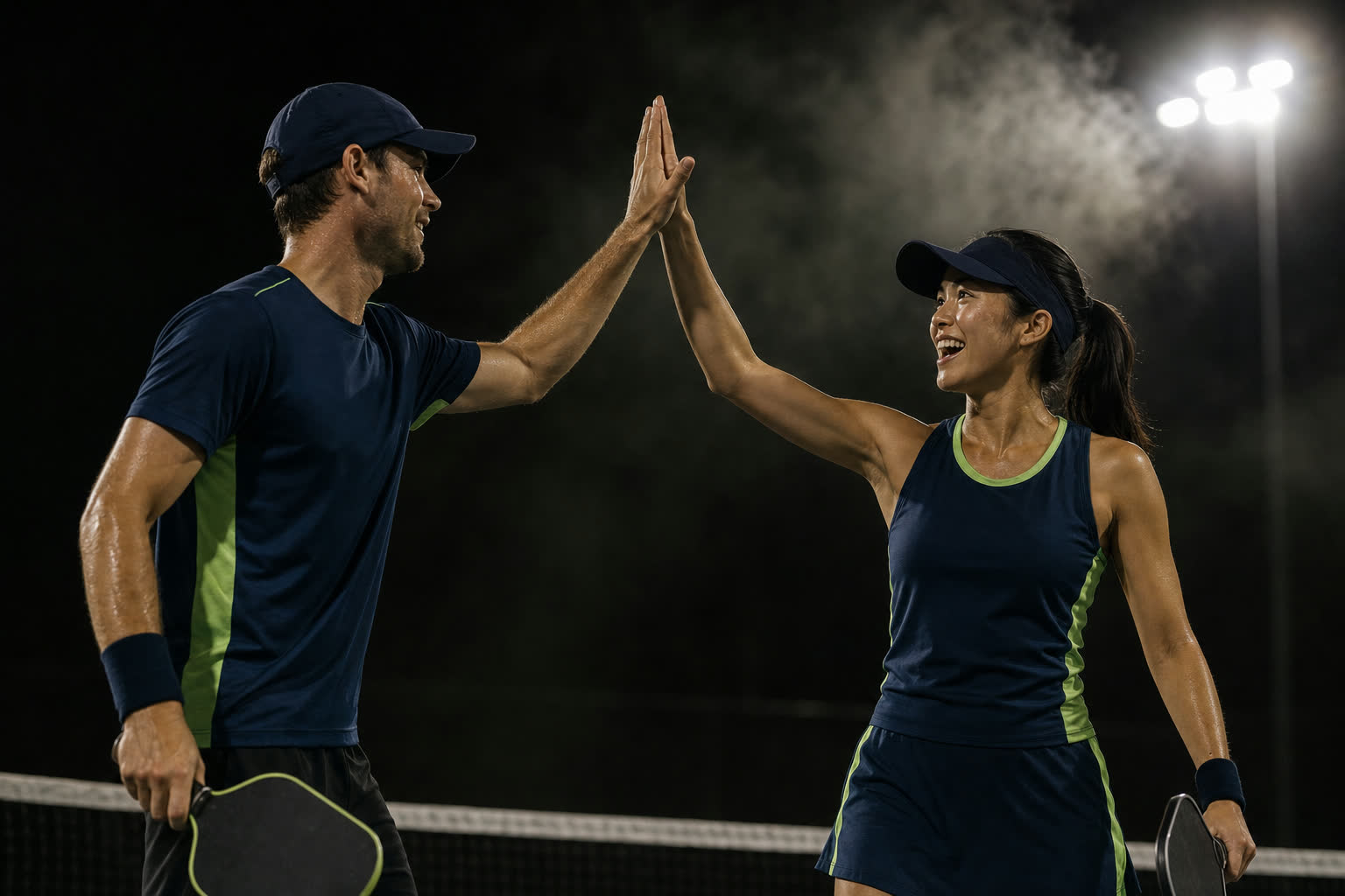 A mixed doubles pair celebrating a point under floodlights